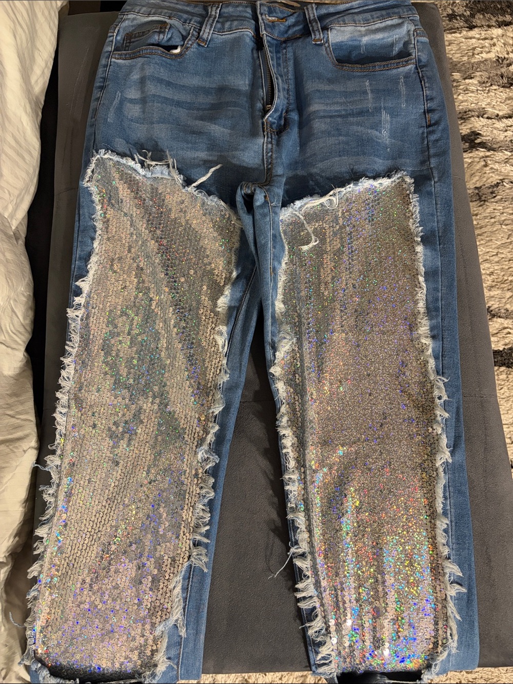 Hot & Delicious Blue Skinny Jeans with Holographic Sequin Panels